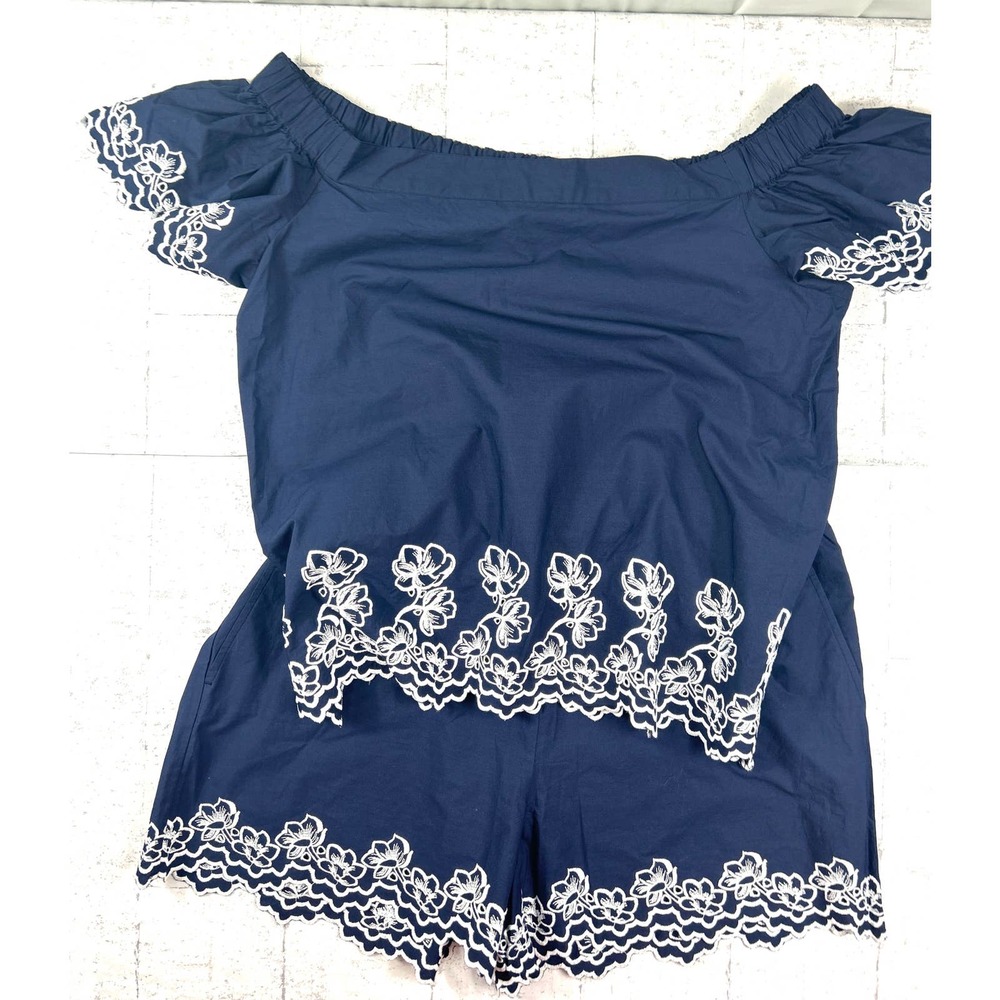 Draper James Navy Blue White Eyelet Floral Detail Pajama Set Size XL